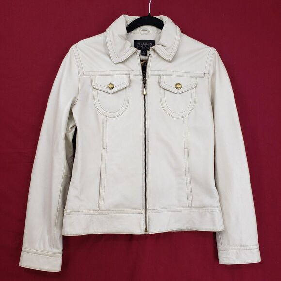 Wilsons Leather Pelle Studio Jacket Womens Small Ivory Genuine Leather Zip Front - Picture 1 of 11